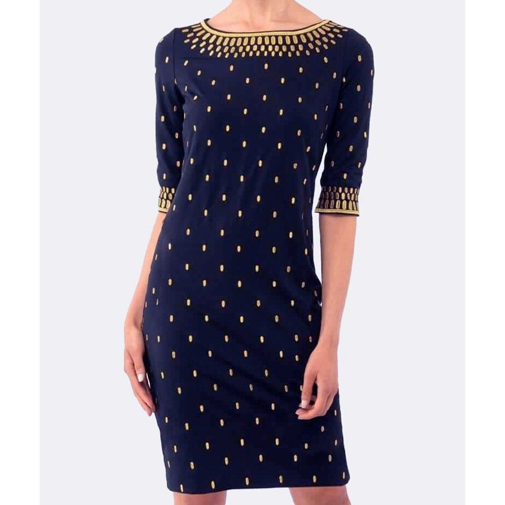 Gretchen Scott Rocket Girl Dress Size S Navy Blue Jersey Gold Embroidered NEW
